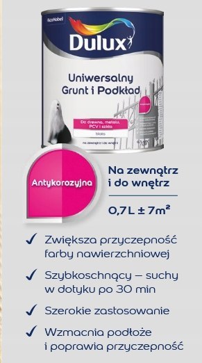 Dulux Uniwersalny Grunt i podkład Antykorozyjnydo metalu, drewna 0,7L Biały Dulux Uniwersalny Grunt i podkład Antykorozyjnydo metalu, drewna 0,7L Biały