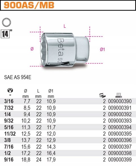 Nasadka 1/4" 12-kątna 5/16" 900AS/MB Beta Nasadka 1/4" 12-kątna 5/16" 900AS/MB Beta