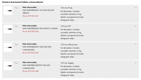 WURTH Zestaw haczyków uniwersalnych 165mm 4 SZT MINI WURTH Zestaw haczyków uniwersalnych 165mm 4 SZT MINI