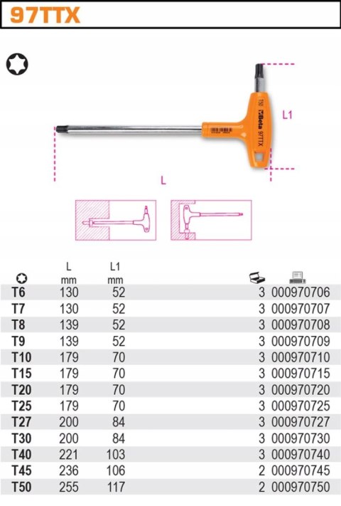 KLUCZ TRZPIENIOWY KĄTOWY TORX 97TTX, T40 BETA KLUCZ TRZPIENIOWY KĄTOWY TORX 97TTX, T40 BETA