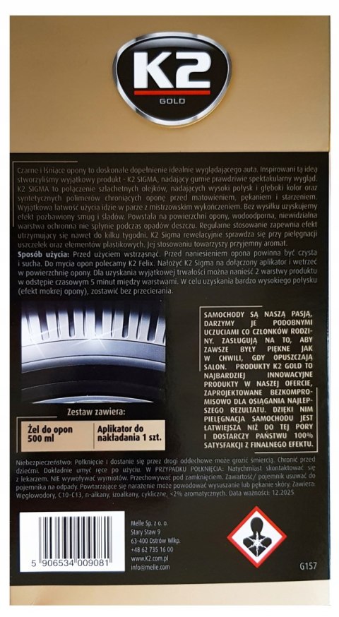 K2 SIGMA ŻEL NABŁYSZCZJĄCO OCHRONNY DO OPON 500ML + GĄBKA K2 SIGMA ŻEL NABŁYSZCZJĄCO OCHRONNY DO OPON 500ML + GĄBKA