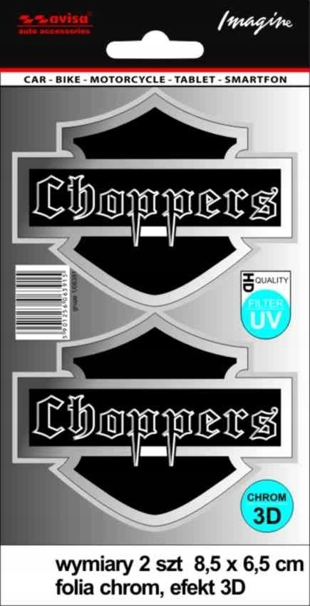Naklejka na auto CHOPPERS logo motocykl 3D chrom 2 szt. AVISA Naklejka na auto CHOPPERS logo motocykl 3D chrom 2 szt. AVISA